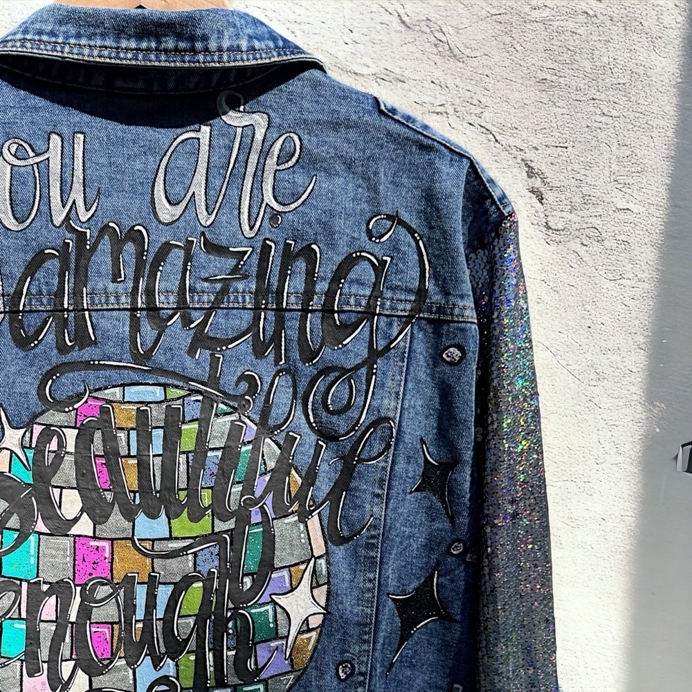 Eras Tour Ready: Dazzling Upcycled Se7en Jacket with Chic Design! Oversized Med - Picture 3 of 16